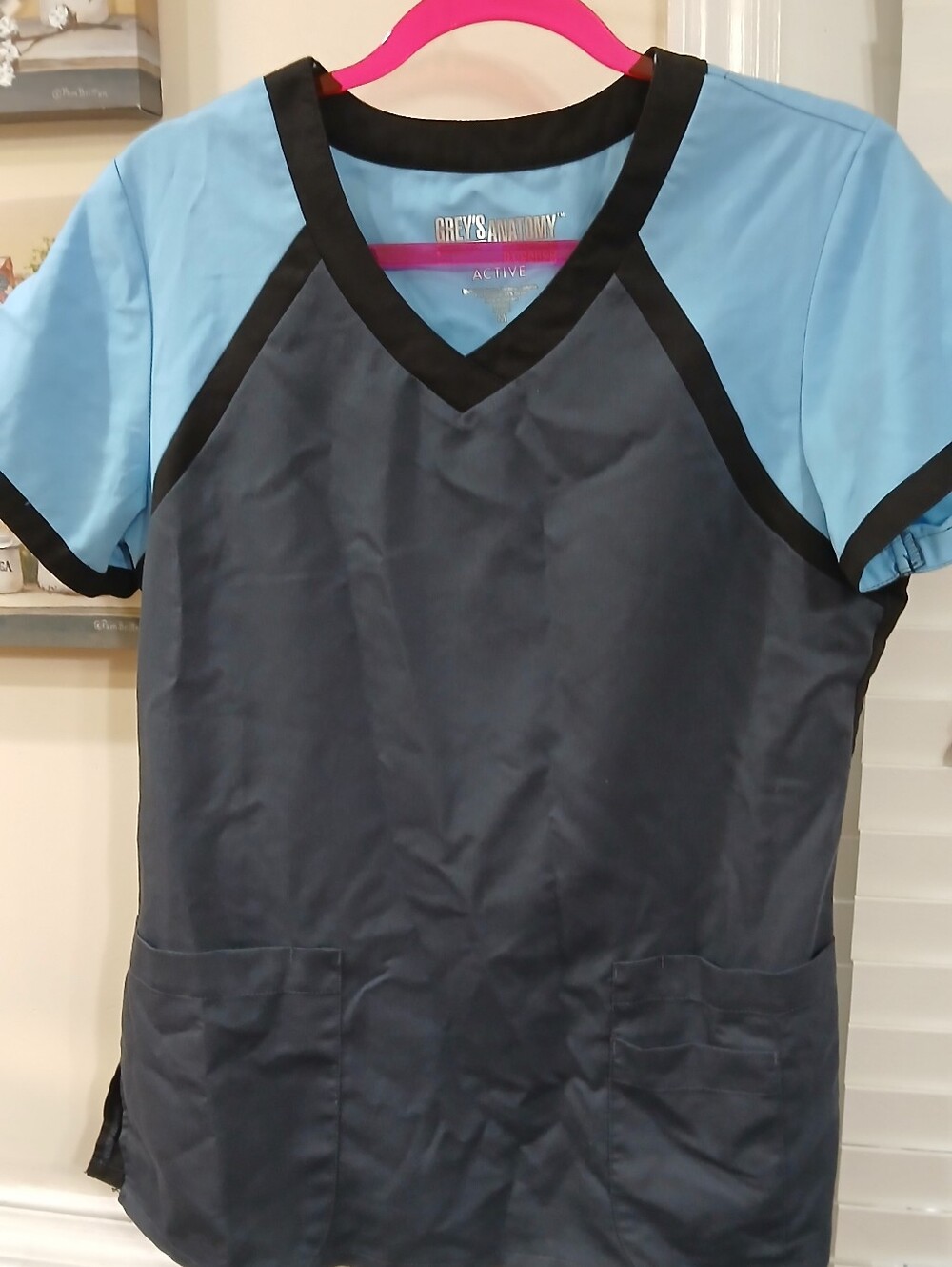 Grey's Anatomy Women's Medical Scrub Top Size M Solid Blue Gray Black Active